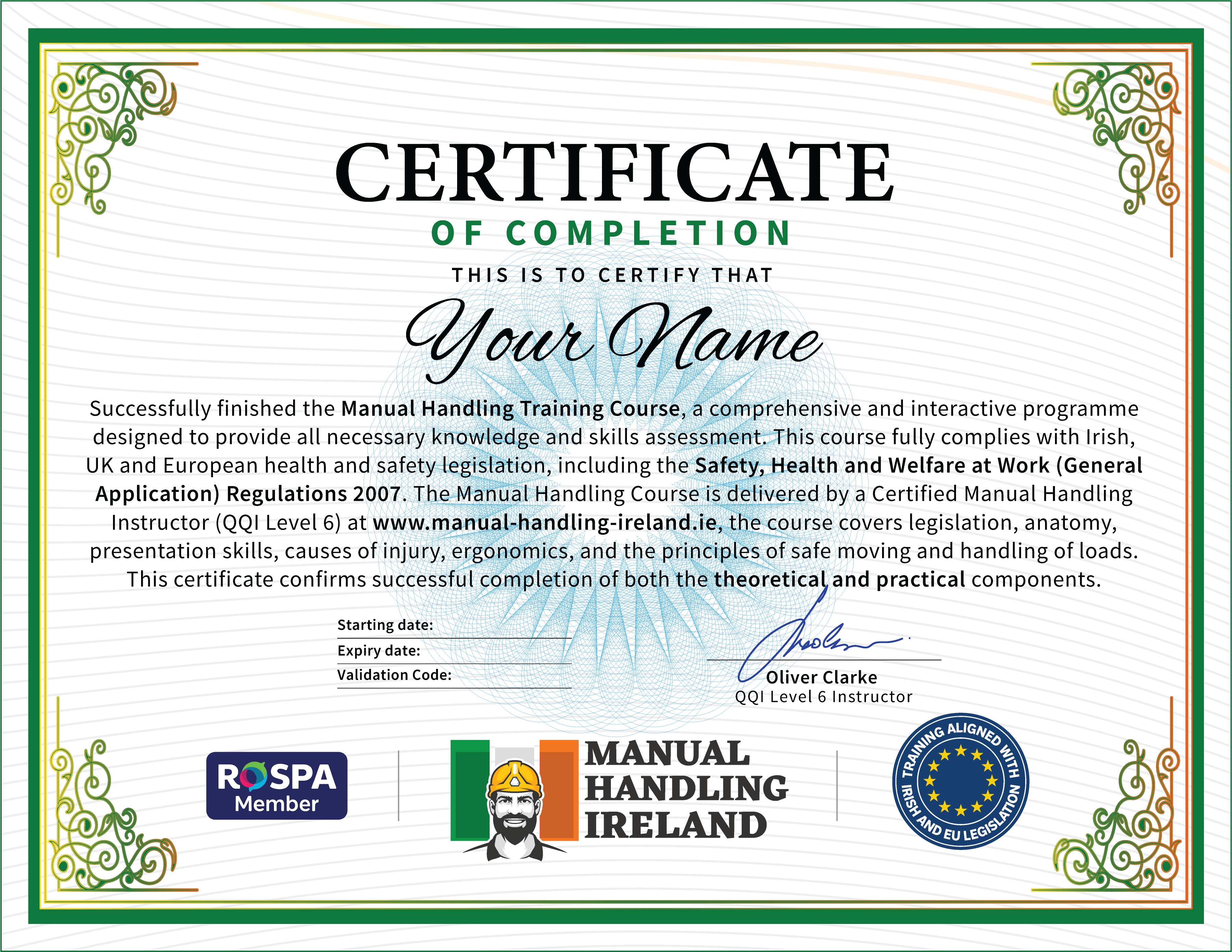 Manual Handling Certificate from Manual Handling Ireland - QQI Level 6 instructor standard, instant download